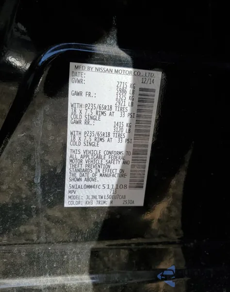 2015 Infiniti Qx60 из США, поврежденный, VIN 5N1AL0MM4FC511108